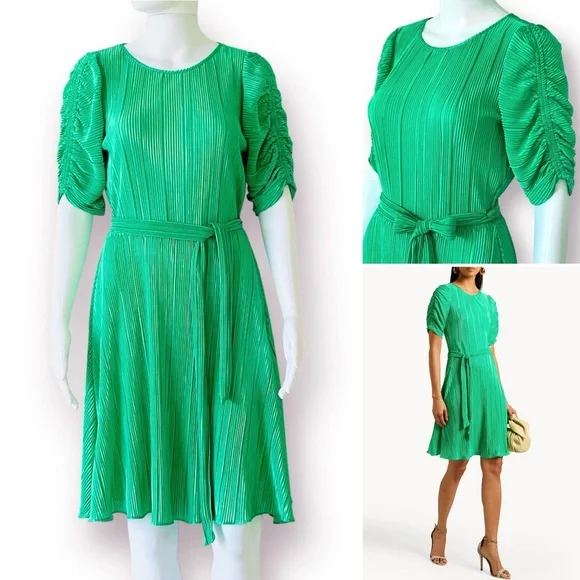 DKNY Satin Pleated Dress Ruched Sleeve Crew Neck Tie-Waist A-Line Pullover Style - Picture 1 of 16